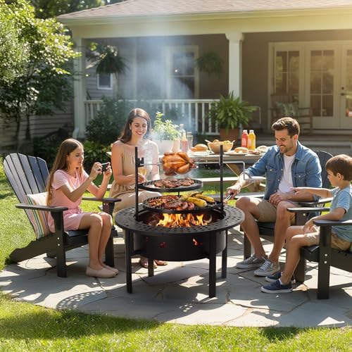 ROVSUN Upgrated 33'' Outdoor Fire Pit with 2 Grills, Grill with Side ...