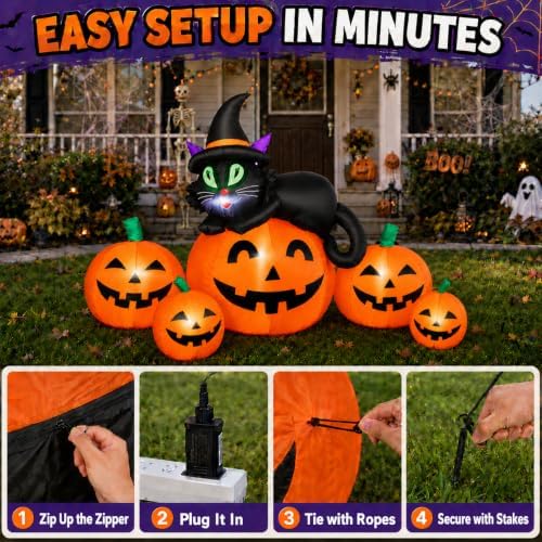 5FT 6 LED Halloween Inflatable Pumpkins Witch Black Cat Outdoor Yard Decor