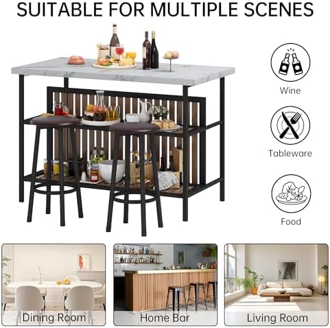 Kitchen Island with Seating & Storage, Bar Table and Chair Set, White