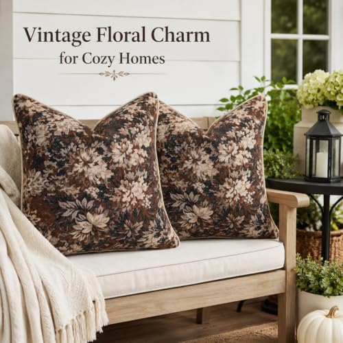 CROWNED BEAUTY Farmhouse Floral Throw Pillow Covers, 24x24, Brown, Set of 2