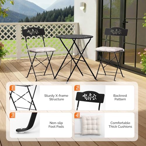 VINGLI Outdoor Folding Bistro Table and Chairs Set of 2, 3-Piece Bistro Set w...