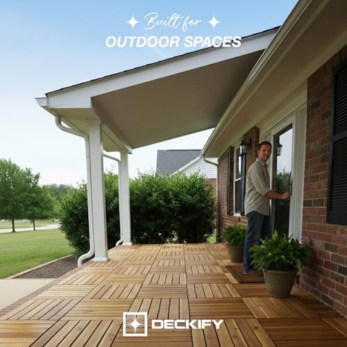 Acacia Interlocking Deck Tiles Outdoor Waterproof, Golden Teak Striped
