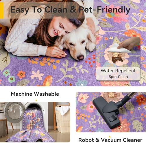 RELEANY Floral Washable 8x10 Area Rugs Purple/Pink