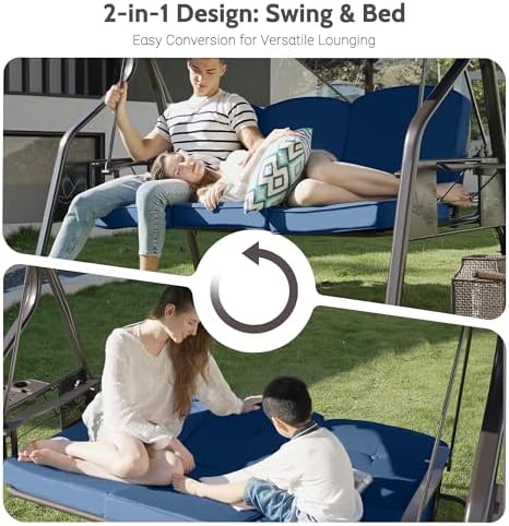 3-Seat Outdoor Porch Swing with Stand for Adults, 800lbs Convertible Swing Be...