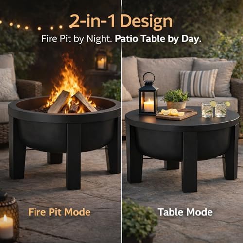 Fire Horse Wood Burning Fire Pit with Tabletop Lid – Modern Outdoor Metal Fir...