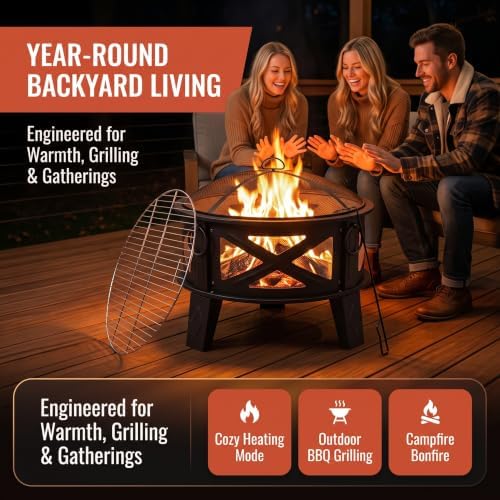 Fire Beauty 26" 2-in-1 Fire Pit with BBQ Grill, Spark Screen & Poker...