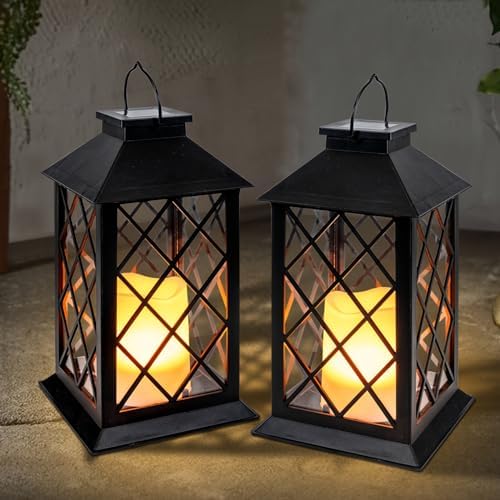 Homemory 2 Pack 13'' Black Solar Lanterns, Flickering Flame Hanging L...