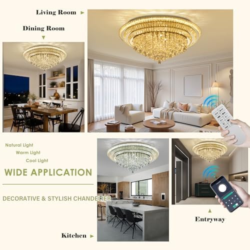 40" Flush Mount Crystal Chandeliers with Remote and APP,Gold Ceiling Lights