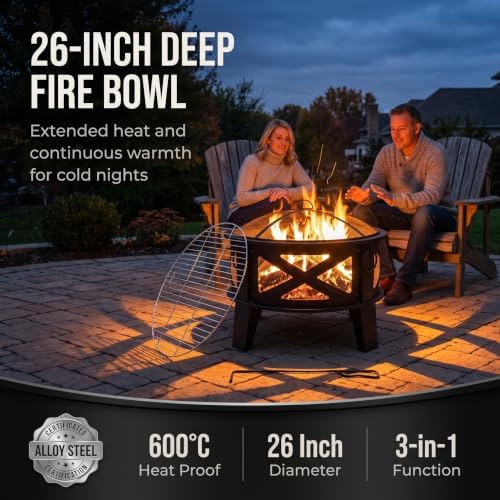 Fire Beauty 26" 2-in-1 Fire Pit with BBQ Grill, Spark Screen & Poker...