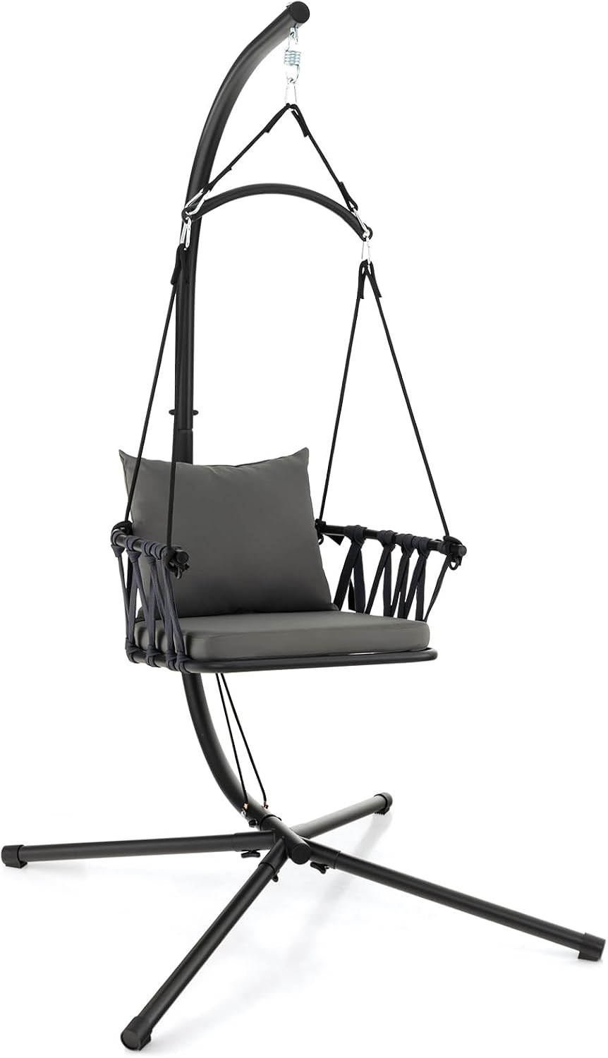Tangkula Folding Swing Chair with Stand, Hanging Egg Chair with Cushion, Pill...