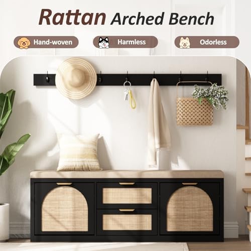 Rattan Narrow Entryway Bench with Shoe Storage, 4 Drawers & Coat Rack, Mi...