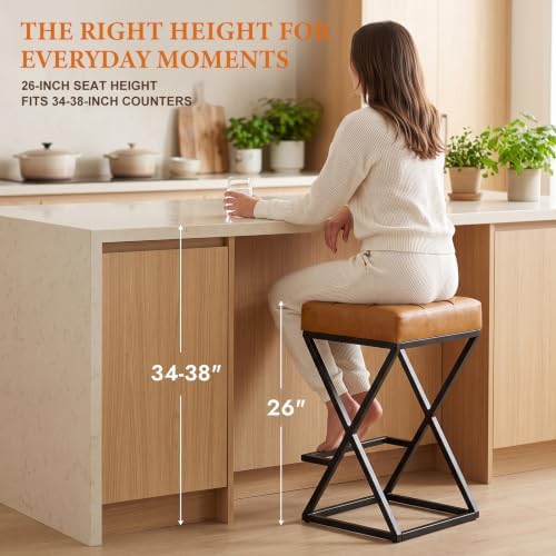 Bar Stools Set of 3, 26 Inch Counter Height Stool Faux Leather Brown