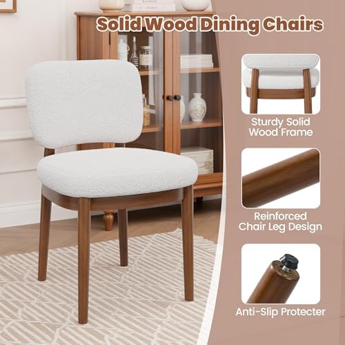 Wooden Dining Chairs Set of 6, Boucle Upholstered Kitchen Chairs with Solid W...