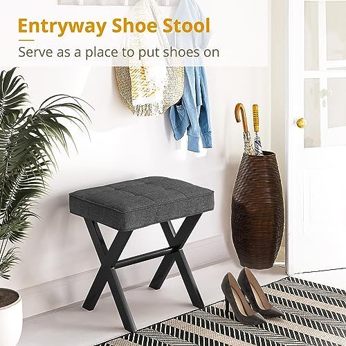 LUE BONA Vanity Stool, Square Linen Makeup Stool with Metal X Legs, Small Ott...