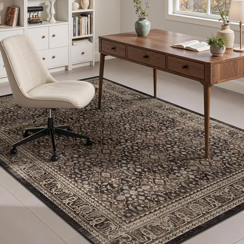 Dark Wood Brown 5x7 Rugs for Living Room Bedroom, Washable Rug with Vintage F...