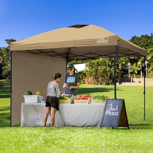 KAMPKEEPER Outdoor Pop-Up Canopy Tent with 2 Sidewalls, Khaki, 10 x 10 Ft