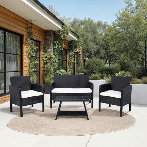 SAFAVIEH PAT7505A Collection Aboka Black and Beige 4-Piece Outdoor Living Pat...