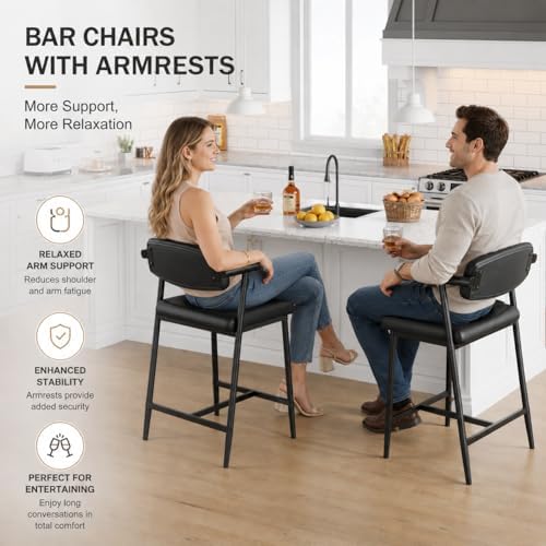 IDEALHOUSE Counter Height Bar Stools Set of 2 With Arms,26" Upholstered ...