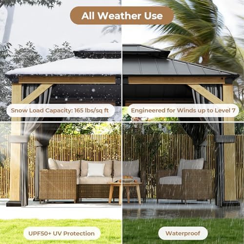 Jocoevol 10' X 12' Wood Gazebo Cedar Wooden Hardtop with Curtains &am...