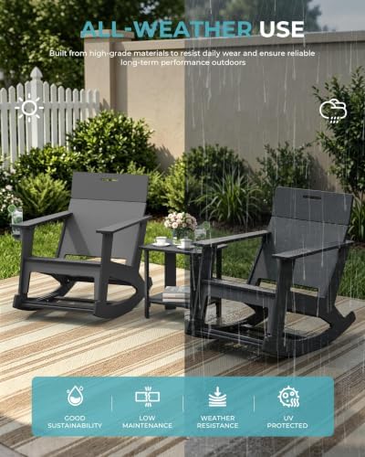 Ciokea Outdoor Rocking Chair with Pull-Out Footrest, Solid Backrest, Grey