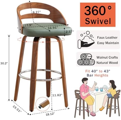 Mid Century Bar Stools, 30 inch Bar Height Barstools with Curved Low Back
