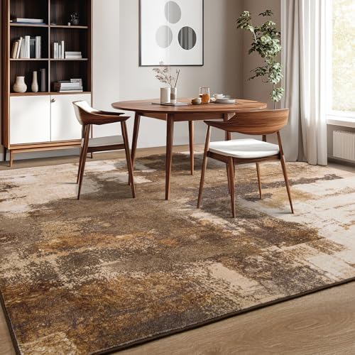 Kelarea Washable Area Rug 9x12, Non-Slip Low Pile Abstract Brown