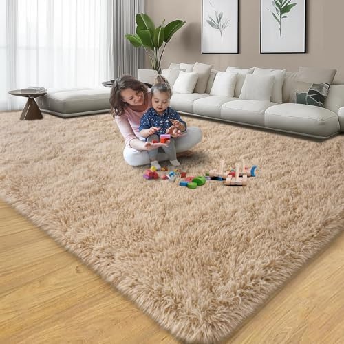 qulint Large Area Rug for Living Room 10x14, Fluffy Tan Rug for Bedroom