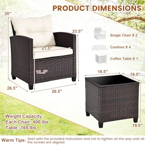 ORALNER 3 Pieces Patio Furniture Set, Outdoor Wicker Bistro Set (White)
