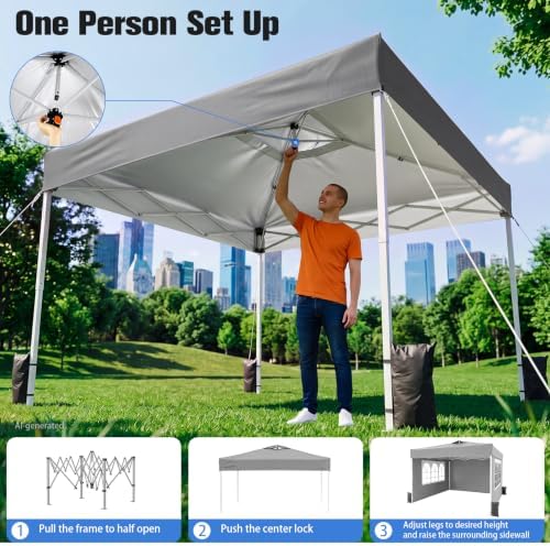 10x10 Pop Up Canopy Tent with One Push Setup, 3 Adjustable Heights, Gray