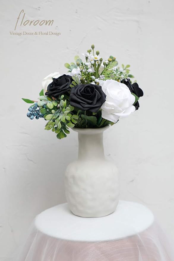 Floroom Artificial Flowers 50pcs Real Looking Black Foam Fake Roses with Stem...