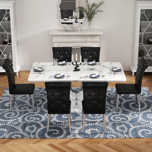 Modern Faux Marble Dining Table Set for 6, 63" White Rectangular Kitchen...