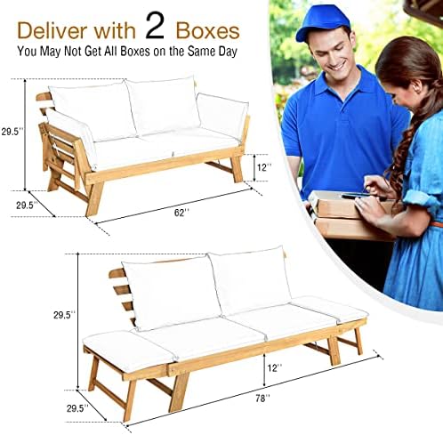 Tangkula Convertible Acacia Wood Patio Couch Sofa Bed with Adjustable Armrest...