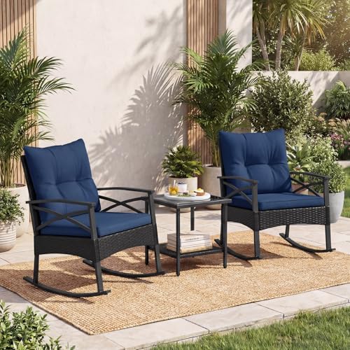 Tangkula 3 Pieces Wicker Outdoor Rocking Chairs Set