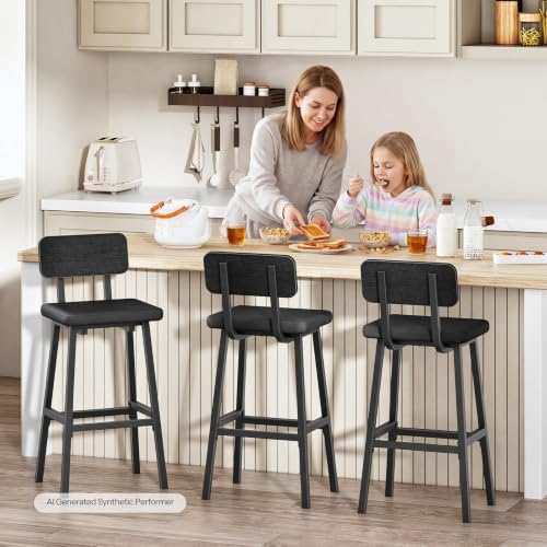 HOOBRO Black Bar Stools, Set of 2 PU Upholstered Tall Bar Stools, Kitchen Bre...