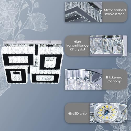 13.1" Modern Square Crystal Flush Mount Chandelier Ceiling Light cool white