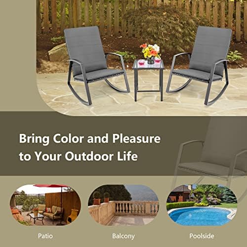 Tangkula 3 Pieces Patio Rocking Bistro Set, PE Rattan Rocking Chairs with Tem...