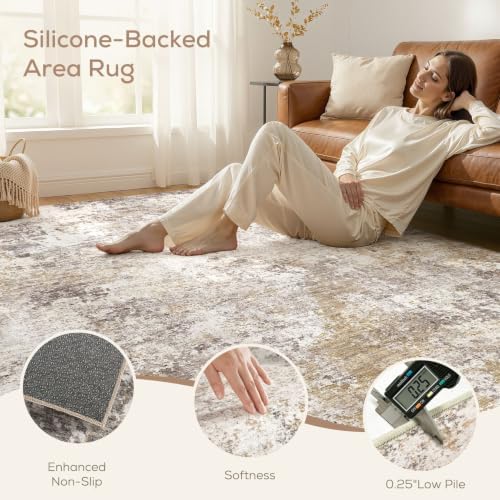 Nakagishi 9X12 Abstract Washable Area Rugs for Living Room-Golden Brown