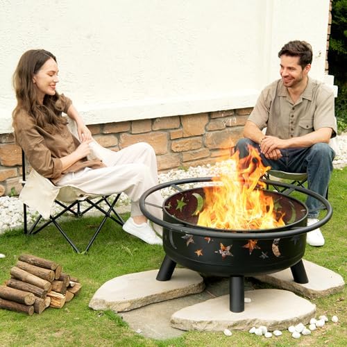 32 Inch Round Fire Pit with Mesh Cover, Fire Poker, Star and Moon Design, Met...