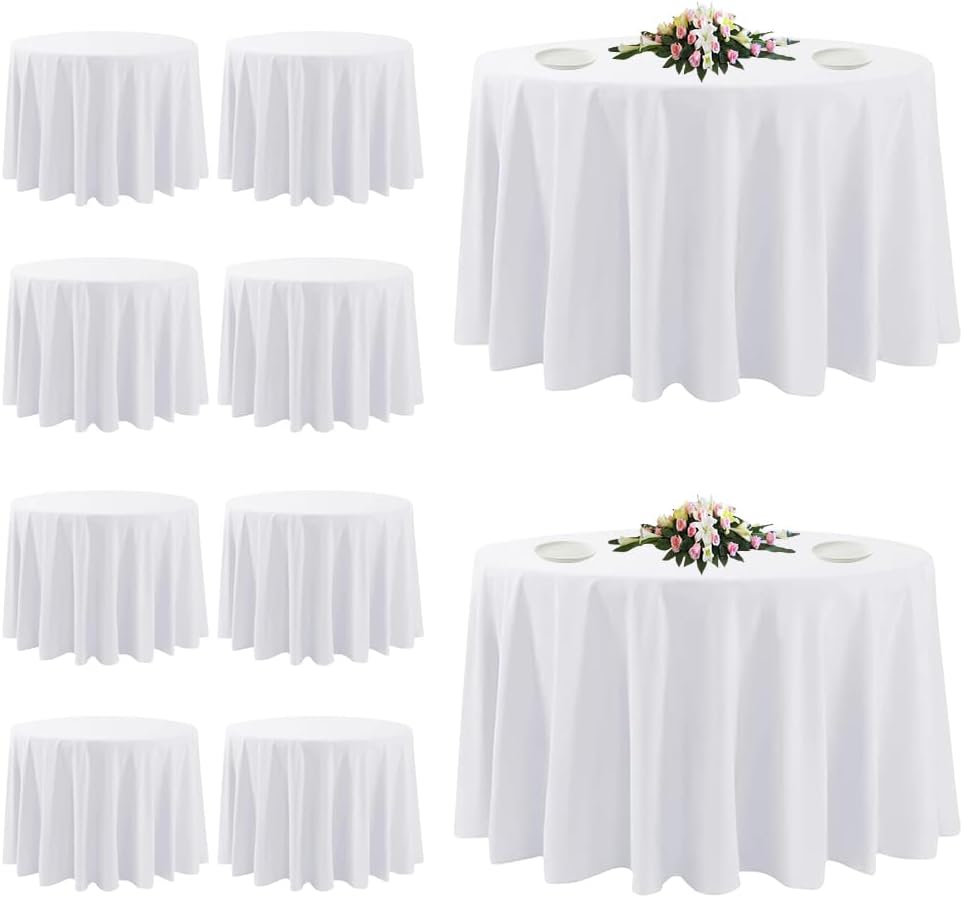 10 Pack White Round Tablecloths, 120 Inch Stain Resistant and Wrinkle Polyest...