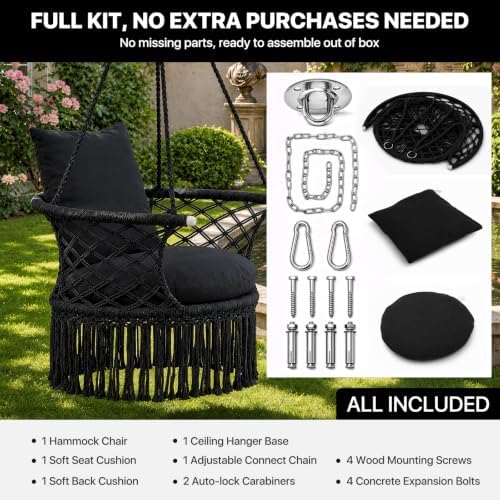 Athena Collection Macrame Hammock Chair with Mounting Hardware Kit, Black