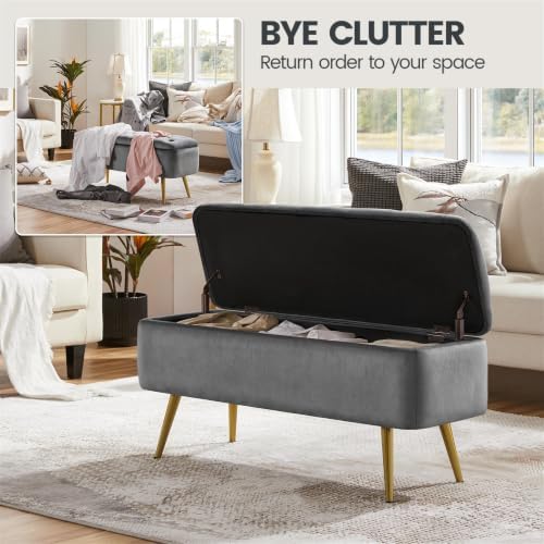 Yaheetech Storage Ottoman Bench for Bedroom, Velvet End of Bed Bench, Gray