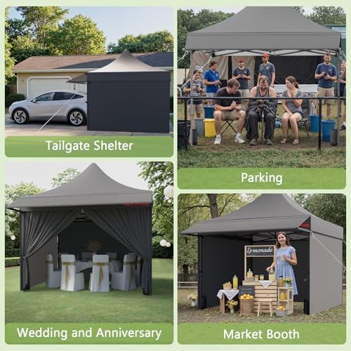 10x10 Heavy Duty Pop Up Canopy Tent with Awning and Sidewalls, Grey