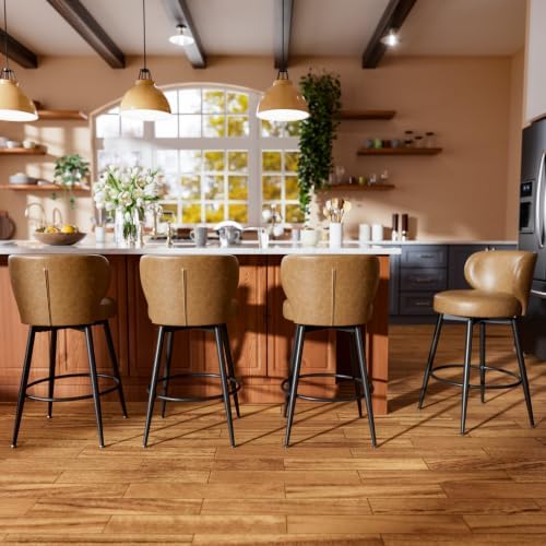 26" Brown Bar Stools Set of 4, Swivel Kitchen Island Chairs