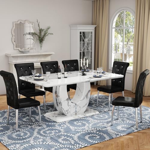 Modern Faux Marble Dining Table Set for 6, 63" White Rectangular Kitchen...