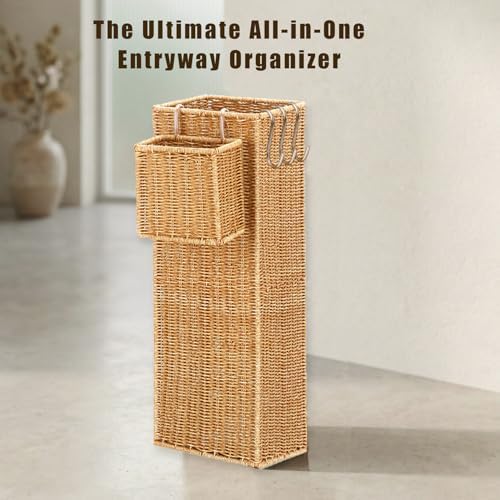 Wicker Umbrella Stand for Entryway, Tall Rattan Holder with Tray