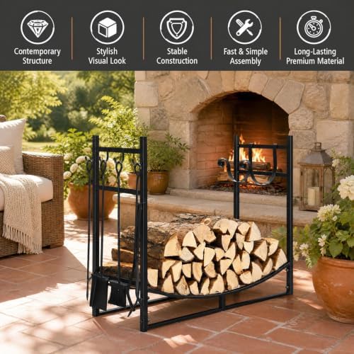 Goplus Firewood Rack Indoor, 36” Firewood Holder with 4- Piece Fireplace Tool...