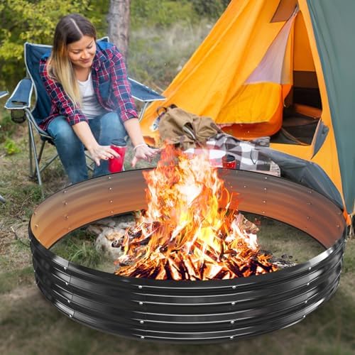 72" Large Fire Pit Ring for Outside, Heavy Duty Wood Burning Firepit &am...