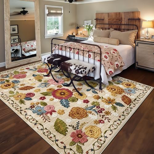 Washable 8x10 Area Rug, Beige Boho Floral Non-Slip for Living Room, Bedroom