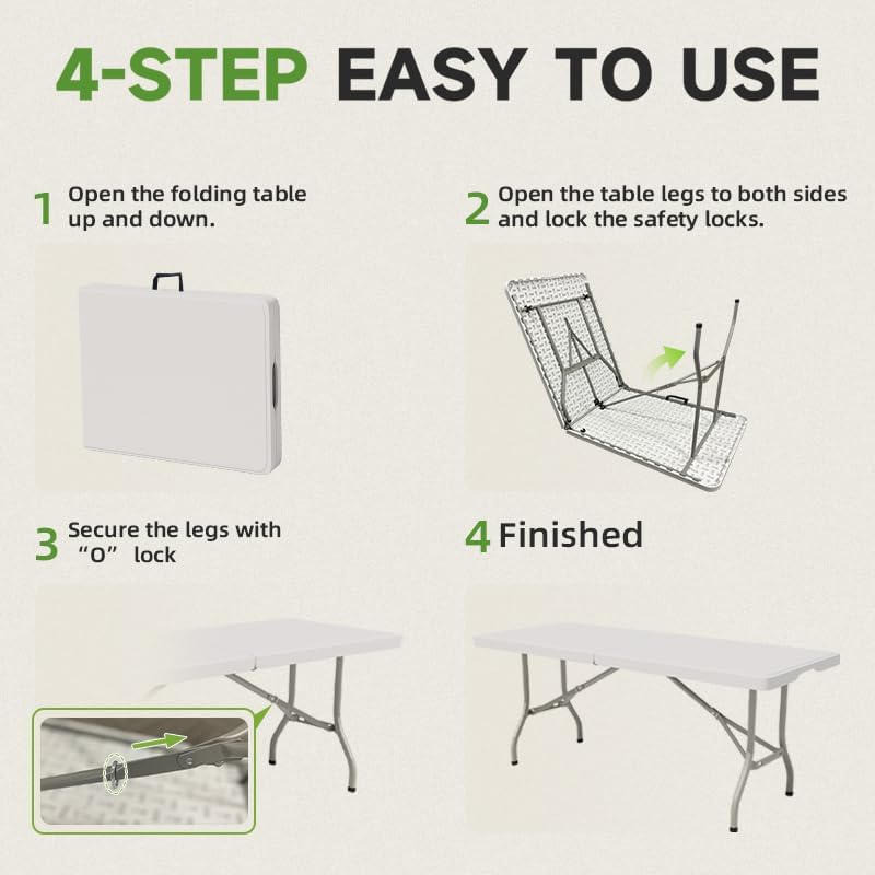 Folding Table 6 Foot - Heavy Duty 330LBS Capacity, Sturdy & Foldable Desi...