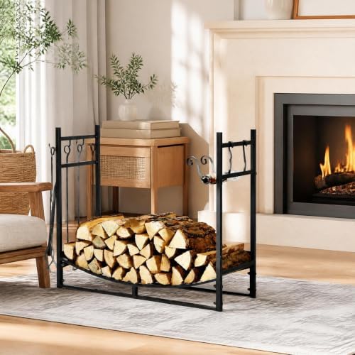 Goplus Firewood Rack Indoor, 36” Firewood Holder with 4- Piece Fireplace Tool...